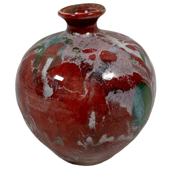 Vintage Cooper Mays NC Bud Vase Red Art Pottery Abstract Stoneware 4” Glaze - Picture 2 of 9